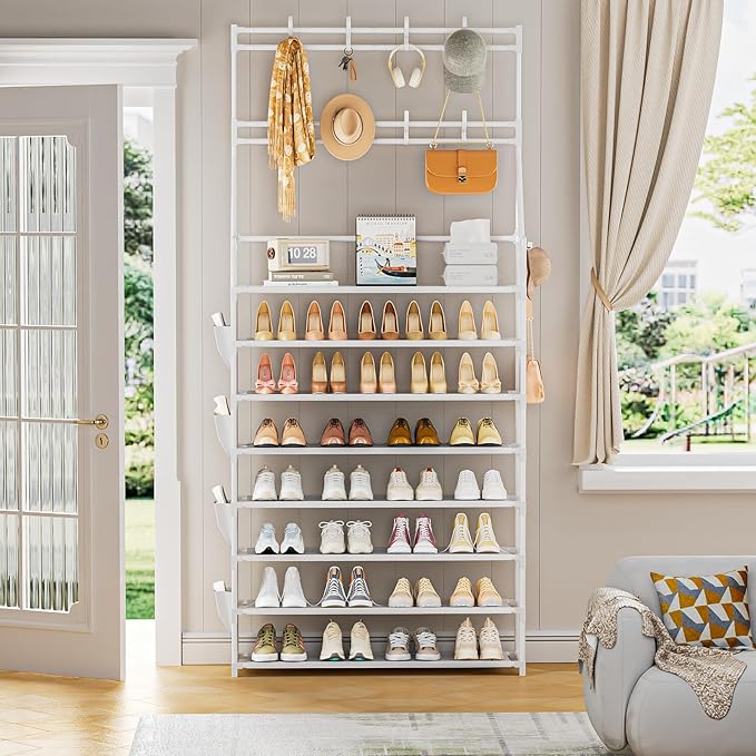 OYREL Shoe Rack 8 Tier Large Shoe Organizer Storage 32-40 Pairs Metal Shoe Storage Rack with Hooks and Side Pocket for Entran