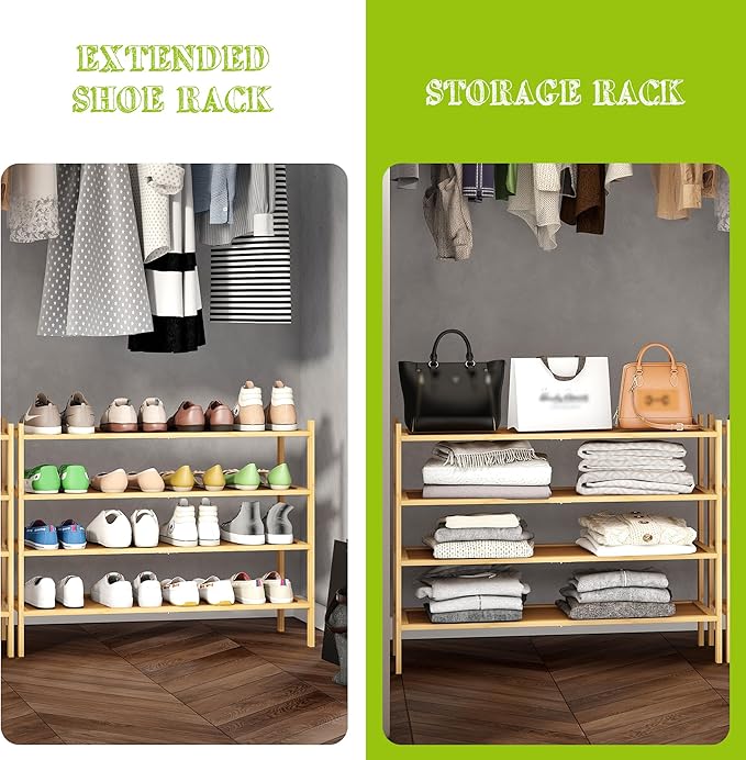 BMOSU 4-Tier Bamboo Extended Shoe Rack Premium Stackable Shoe Shelf Storage Organizer for Hallway Closet Living Room Entryway