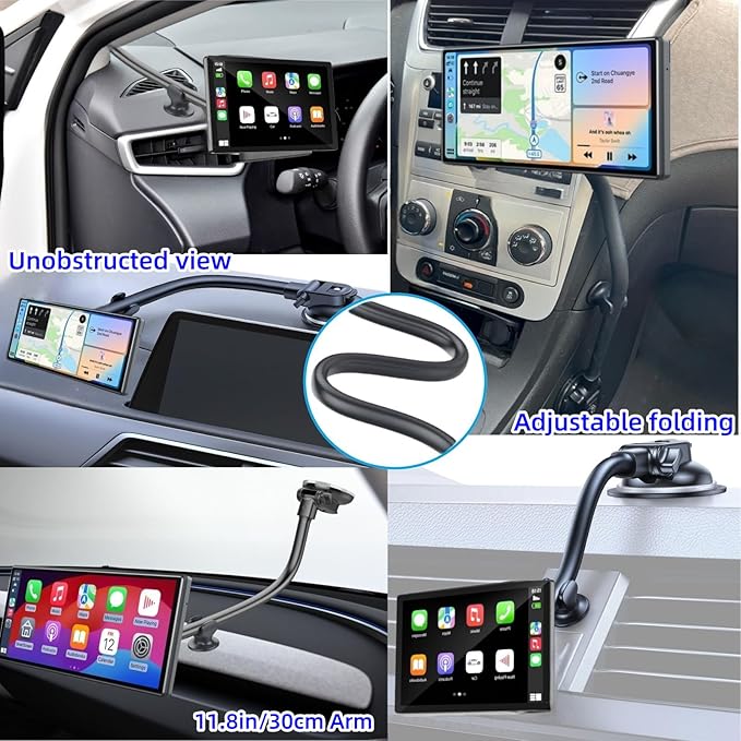 Suction Cup Mount for Carplay Screen with Scrwes, 11.8” Long Arm 360° Adjustable Aluminum Alloy Arm, Strength Windshield Dashboard Mount with 78mm Adhesive Disk for All Car Display Holder