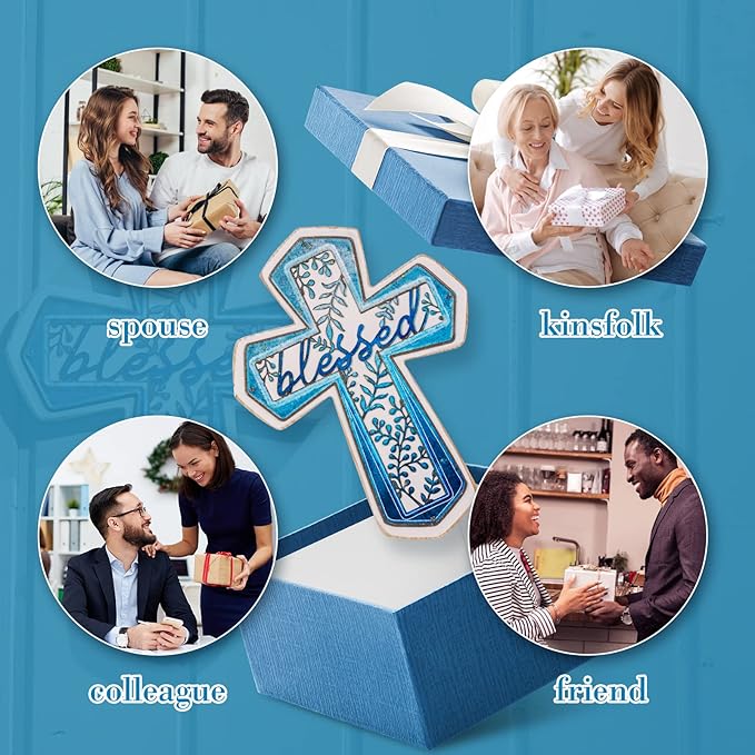 OKSQW 11" Wall Cross Handmade White Wood & Blue Iron Christians Spiritual Religious Cross with Hook Christmas Wall Hanging Cr