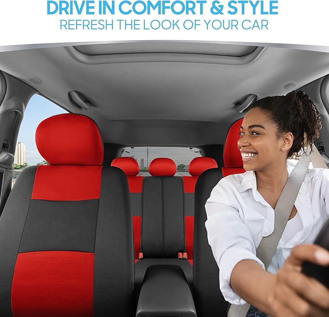 BDK PolyPro Car Seat Covers Full Set in Red on Black – Front and Rear Split Bench Seat Covers for Cars, Easy to Install Car S