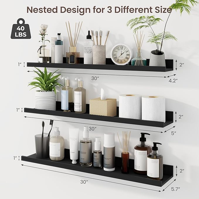 Axeman 30 Inch Floating Shelves | Black Picture Ledge Shelf Set of 3 | Rustic Wood Wall Shelves with Lip | 30" Black Picture 