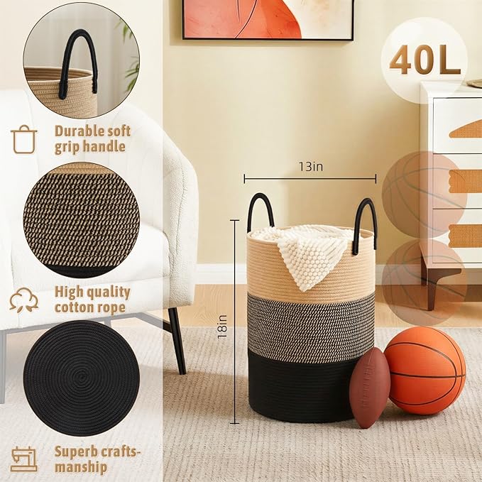 Artfeel Laundry Basket,Woven Cotton Rope Laundry Hamper,40L for Decorative Storage of Dirty Clothes,Toys and Blankets in Bath