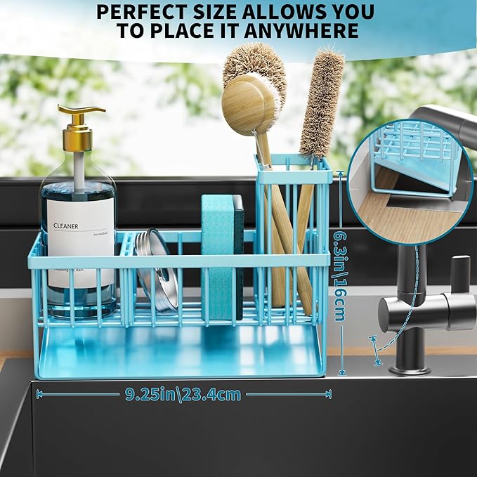 Cisily Blue Kitchen Sink Caddy Organzier with High Brush Holder, Sponge Holder for Sink, 304 Rustproof Stainless, Kitchen Cou
