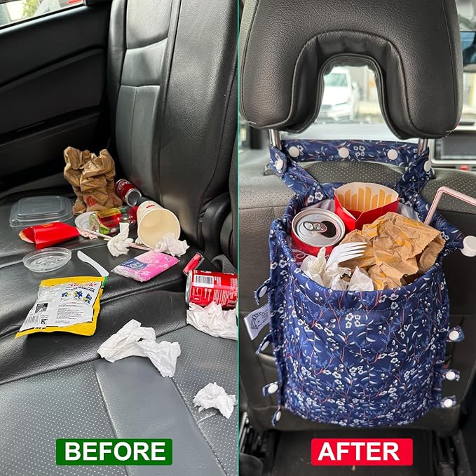 FLOCK THREE Leak-Proof Waterproof Car Trash Bag Foldable Multipurpose Trash bin Container Storage Cute Grocery Organizer Bag for Automotive Front or Back Seat in Cars SUVs and Trucks