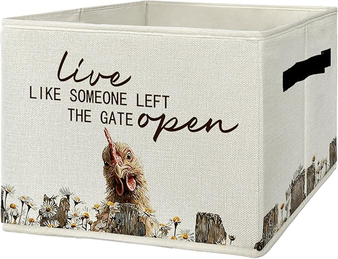 Rustic Chicken Storage Bins & Boxes with Handles, Farmhouse Chicken Foldable Basket for Organizing, Live Like Someone Left th