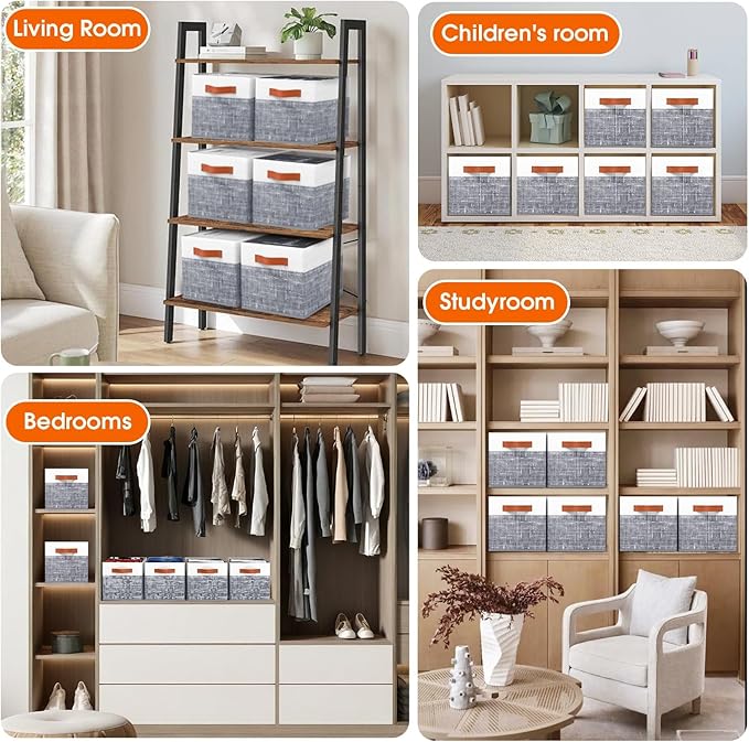 Fab totes Collapsible Storage Baskets for Shelves,14"x10", 6 Pack Foldable Fabric Storage Bins with Double Leather Handles, L