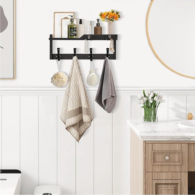 dreampossible Coat Rack Wall Mount with Shelf, Coat Hanger Wall Mount with Key Hooks and Mail Holder, Wood Entryway Floating 