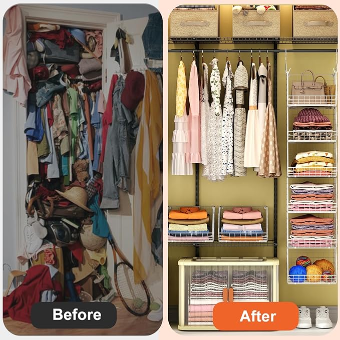 X-cosrack 6 Tier Closet Hanging Organizer, Clothes Hanging Shelves with 4 Hanging Hooks 5 S Hooks, Wire Storage Basket Bins, 