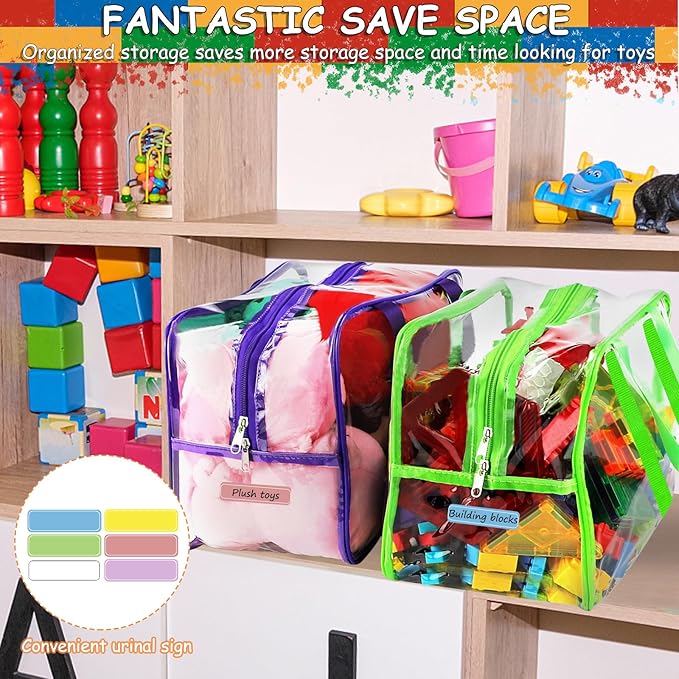 6 Color XXL Toy Storage Bags 16.5×11.8×6.8In with Labels, Large Capacity Reusable Clear PVC Storage Bags, Travel Waterproof O
