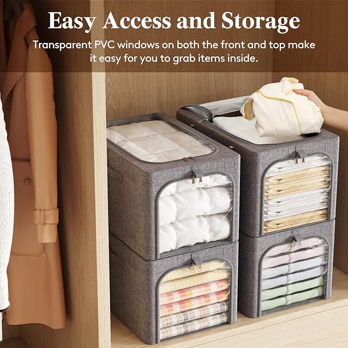 Lifewit Clothes Storage Bins with Metal Frame 4 Pack, Fabric Stackable Storage Bags with Lids, Zipper, Foldable Clost Organiz