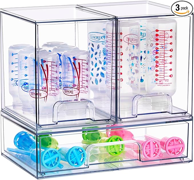 Sorbus Stackable Acrylic Storage Drawers – 2 Tall + 1 Wide – 3 Pack Clear Plastic Organizer Bins for Baby Bottles, Makeup, Ba