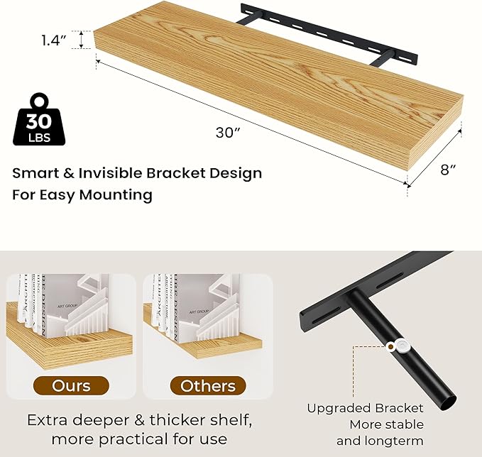 Dreamland 30 Inches Floating Shelves for Wall,8 Inch Deep Floating Shelves Set of 2, Large Display & Storage Shelf, Wall Shel