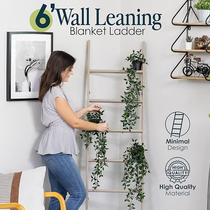 Blanket Ladder for Living Room and Bedroom, 5ft 8 inch, 6-Tier Wall Leaning Laminate No-Snag Construction (Smokey Oak) Rustic