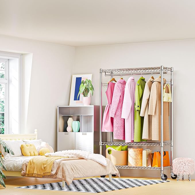 M MZG Heavy Duty Rolling Garment Rack 3 Tiers Adjustable Wire Shelving Clothes Rack with 1 Rods and Side Hooks,Storage Closet