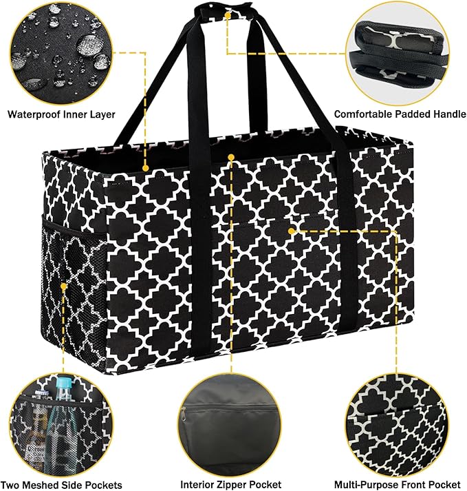 GhvyenntteS Extra Large Utility Tote Bag - Stand Up Utility Tote with Metal Wire Frame & Hard Bottom Board, Reusable Grocery Bags With Handles for Storage, Picnics, Beach, Pool, Laundry, Car, Camping