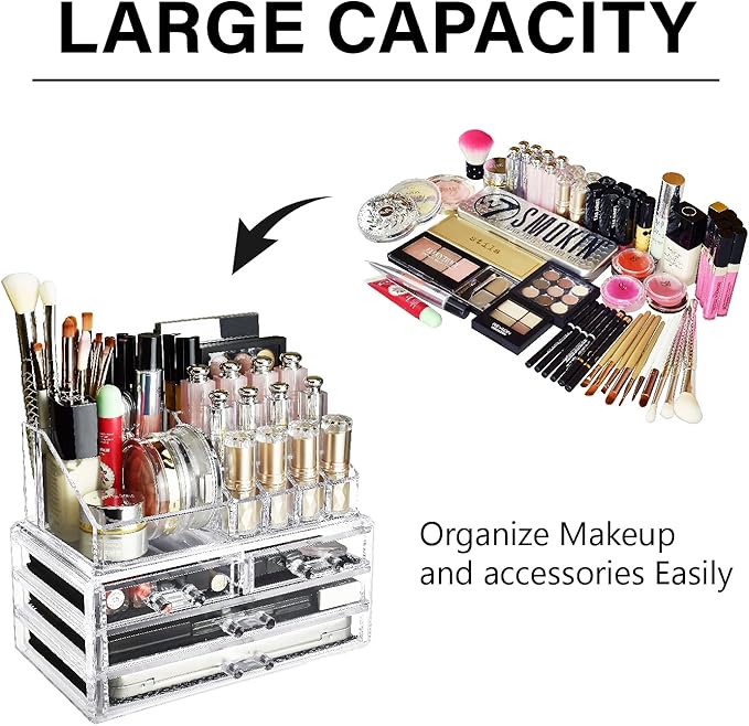 Ikee Design Acrylic Makeup Organizer with 4 Drawers and Removable Top Lipstick Holders, Ideal for Make-up or Accessories,Enha