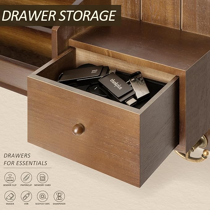 Key Holder Wall Mount with Mail Sorter - Modern Farmhouse Key and Mail Organizer with Hooks and Mini Drawer for Home Decor - 