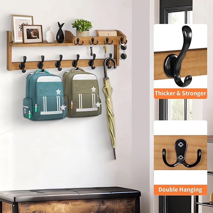 Coat Rack Wall Mount with Shelf, 27.5" Entryway Wall Hanging Shelf, Coat and Key Hanger with 10 Dual Hooks, Mail Organizer an
