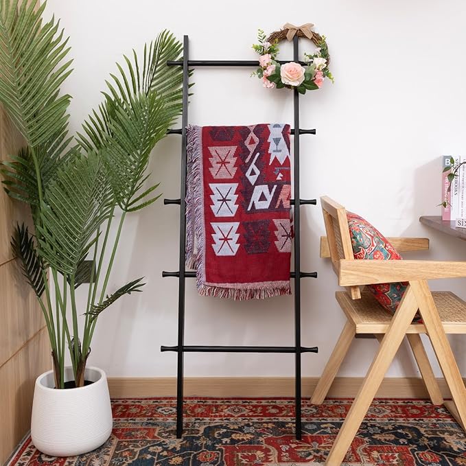 5-Tier Blanket Ladder – 4.8 Ft Wall Leaning Quilt Rack, Farmhouse Blanket Storage for Living Room, Bedroom & Bathroom – Rusti