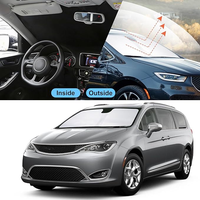Front Windshield Sun Shade Foldable Car Front Window Sun Shade Windshield Shade Custom Fit for 2017-2025 2026 Chrysler Pacifica Minivan Block UV Rays Heat Keep Cooler
