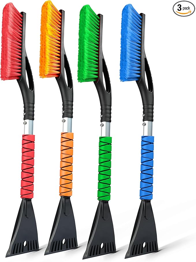 EcoNour 27" Aluminum Snow Brush 4 Pack with Ice Scrapers for Car Windshield and Window | Car Snow Scraper and Brush with Ergonomic Foam Grip Winter Accessories (Orange, Pink, Green, Blue)