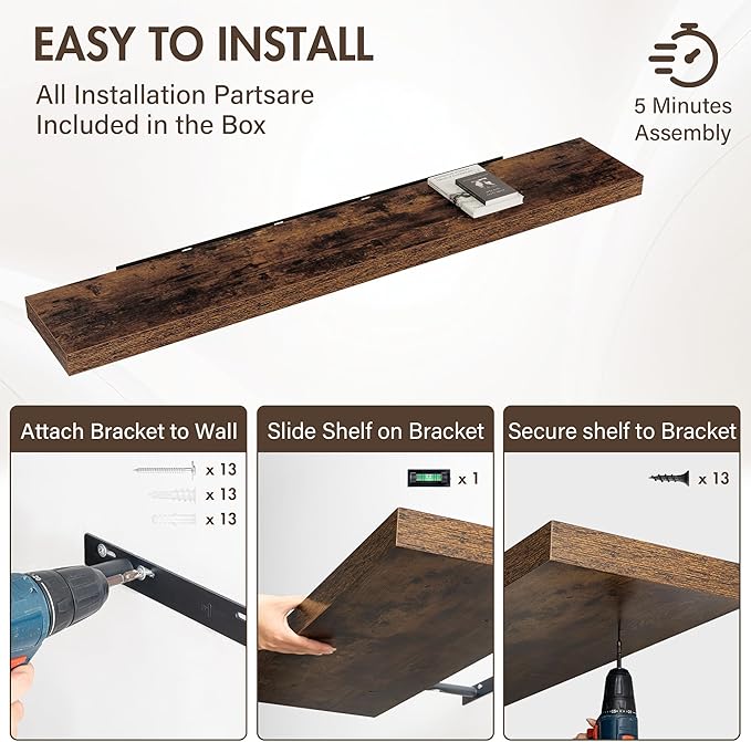 72 Inch Floating Shelves, 12" Deep Floating Shelf Wall Mounted, 72" Wall Shelves, Rustic Deep Bookshelf, Extra Deeper & Thick