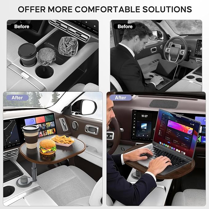 Car Desk Car Tray for Laptop & Food, Wood Cup Holder Table with Adjustable Height, Car Accessories for Women & Men 360° Rotatable Steering Wheel Tray for Tesla Model Y/3/S, Most Vehicles (Walnut-Oval)