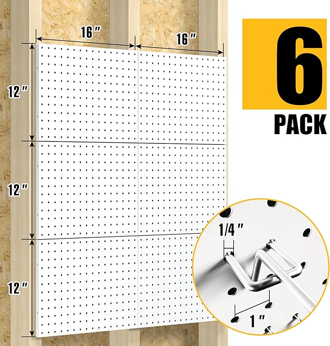 Spampur Peg Board, 6 Pack Metal Pegboard Panels White Pegboards Wall Organizer with 50 Hooks, Heavy Duty Peg Board for Walls 