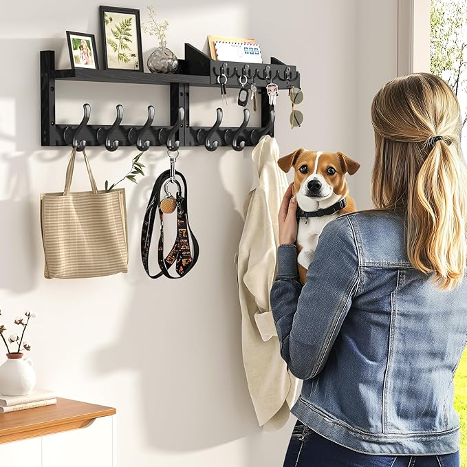 Evermagin 29" Coat Rack Wall Mount with Shelf, 4 in 1 Wall Mounted Coat and Key Hanger with 11 Hooks, Entryway Key Holder wit
