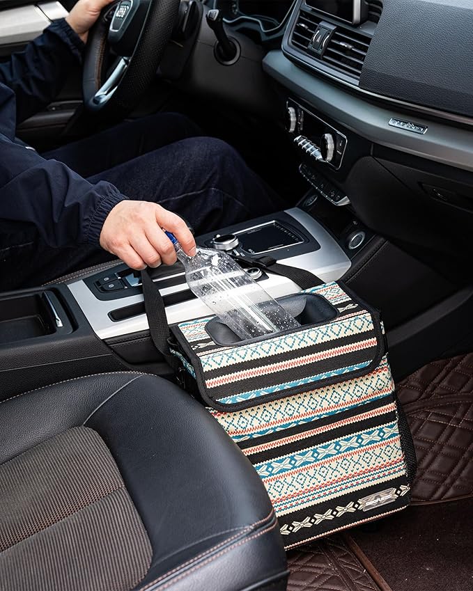 Car Garbage Can Cute - Leak-Proof Car Trash Can with Lid and Storage Pockets, Car Trash Bin for Men and Women, Boho Aztec Essentials: Must-Have Car Interior Accessories (Beige Aztec Motif)