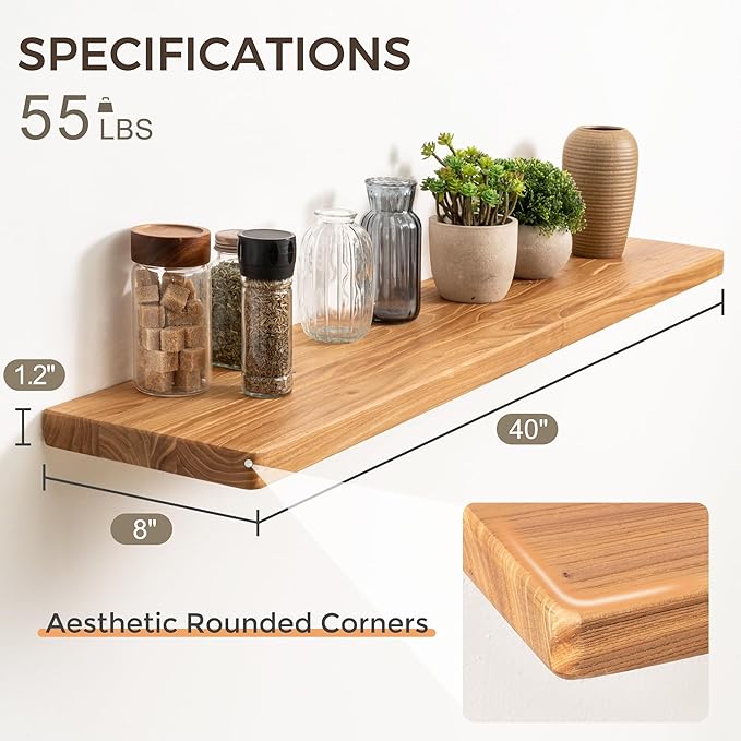 Floating Shelves 40"W x 8"D, Solid Elm Wood Shelves for Wall, 8 Inch Deep Floating Shelves for Home Storage & Display, Rustic