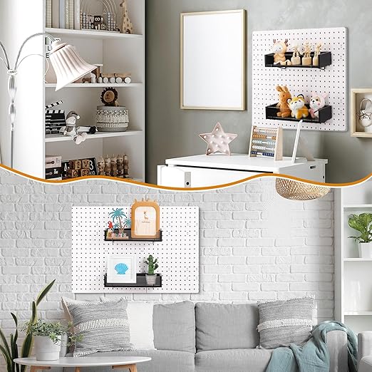Marsui 2 Pcs Pegboard Shelf Wood with Acrylic 12.2 x 3.94 Inch Display Shelves Brackets with Metal Hooks Heavy Duty Pegboard 