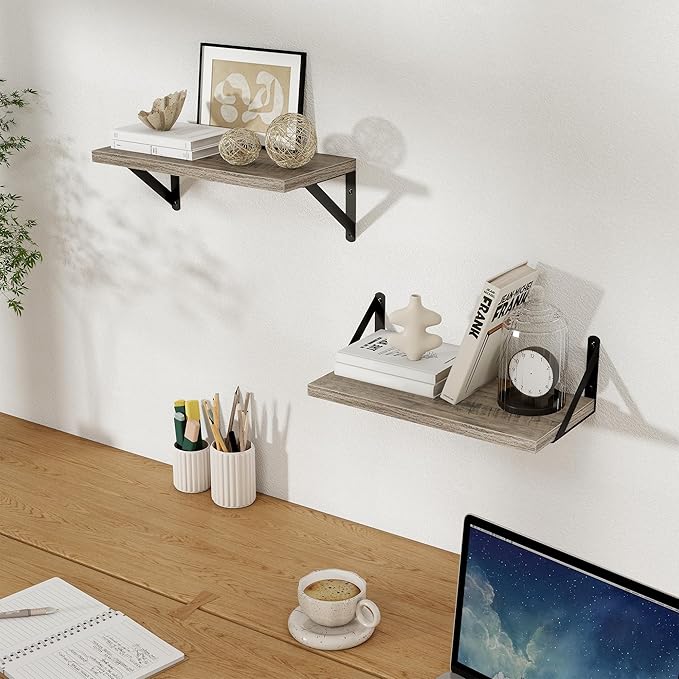 Floating Shelves, 8 Inch Deep Rustic Wood Wall Storage, 16W x 8D Wall Shelves Set of 2, Heavy Duty Metal Brackets, Industrial