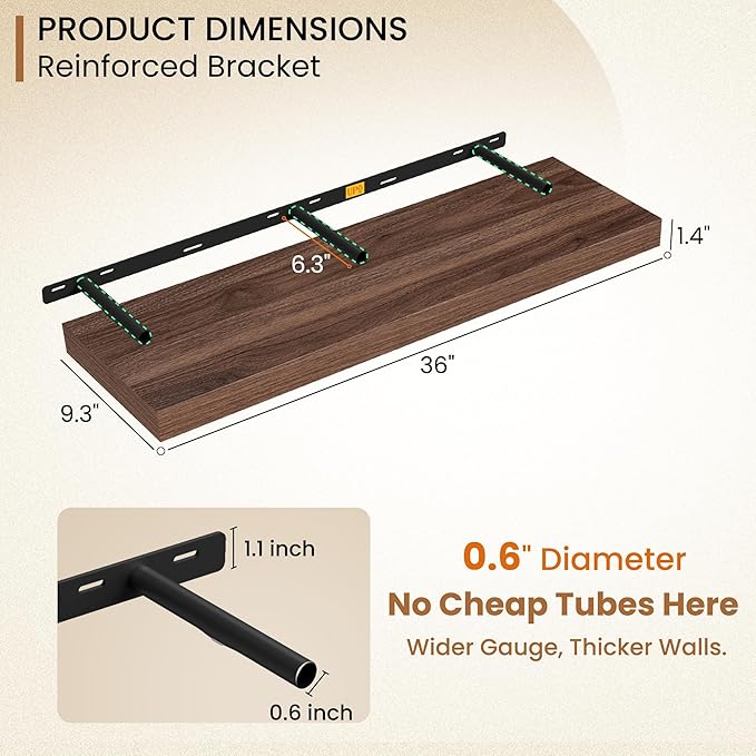 Fun Memories Floating Shelves 36 Inch Long, 9.3Inch Deep Floating Shelves for Wall, Extra Deeper & Thicker Wall Mounted Stora