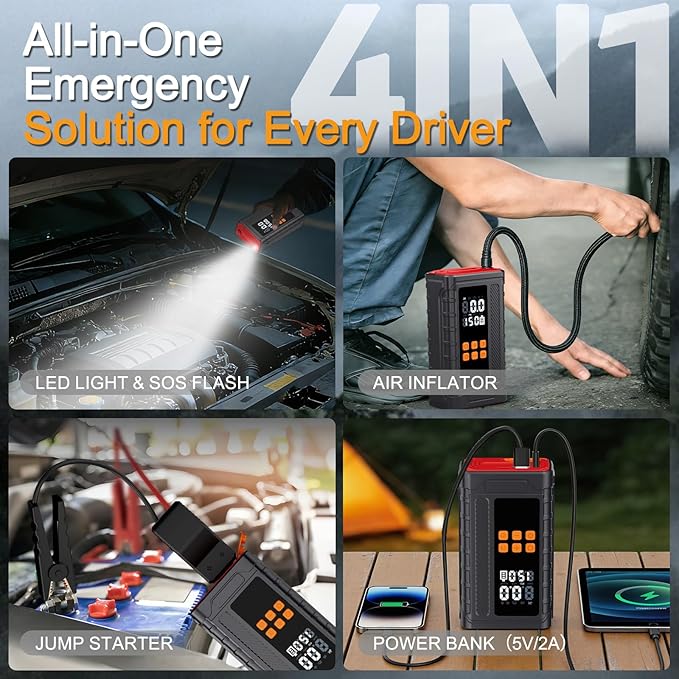 Portable Car Jump Starter with Air Compressor, 14.8V 2000 * 4mAh Battery Booster, 150PSI Tire Inflator, Power Bank & LED