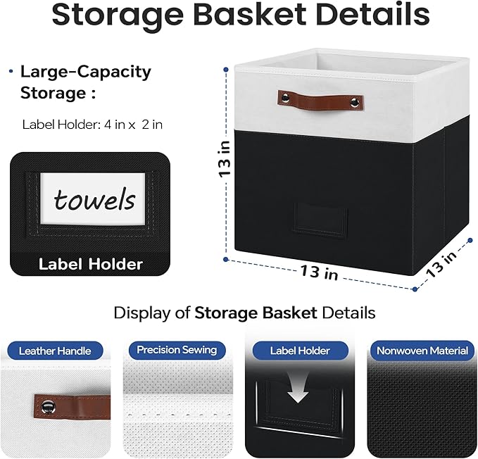 FinishingBo 6-Pack Storage Cubes with Handles & Label Holders Basket, Closet Cube Home Organizer Bins(White/Black, 13 x 13 x 