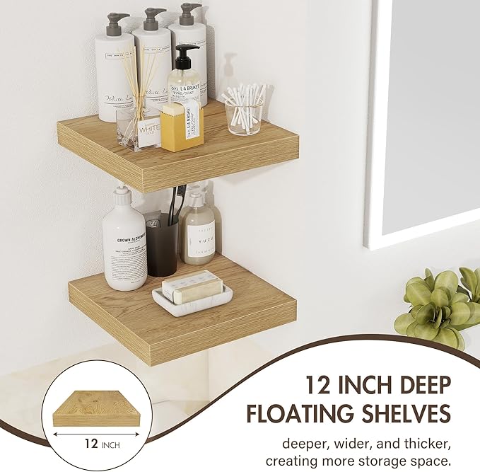 12 Inch Floating Shelves, 12" Deep Floating Shelf Wall Mounted, 12" Wall Shelves, Rustic Deep Bookshelf, Extra Deeper Display
