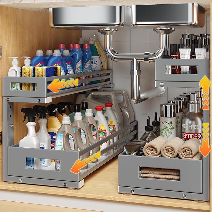 2-Pack 20.47"Deep Under Sink Organizer And Storage,2-Tier L-Shaped Pull Out Cabinet Organizer with Upgraded Slide Rails,Heigh