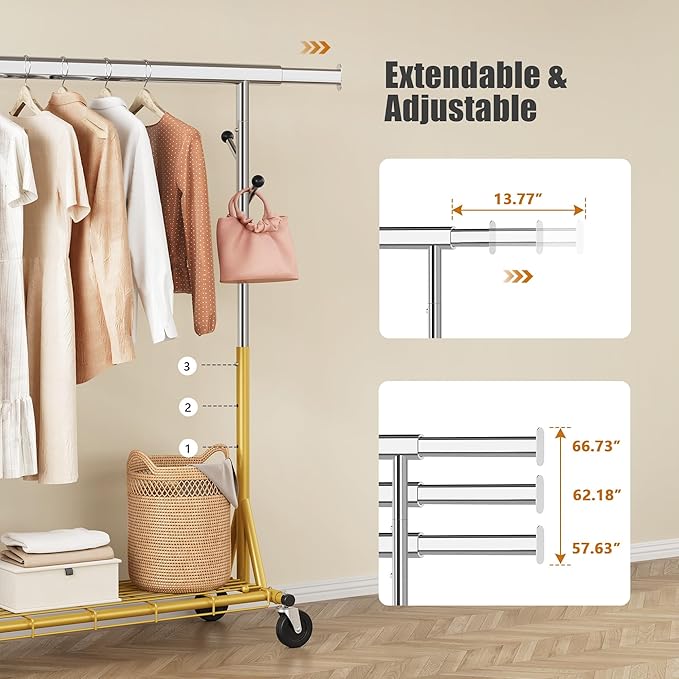 Gewudraw Rolling Clothes Rack Load 530lbs,Heavy Duty Garment Rack With Sturdy Wheel And Shelves, Adjustable Portable Hanging 