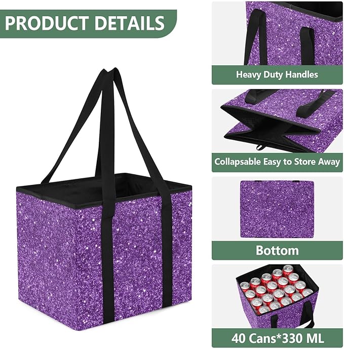 Purple Glitter Texture Reusable Grocery Bags Large Shopping Tote Bag with Reinforced Bottom Board, Water Resistant Foldable S