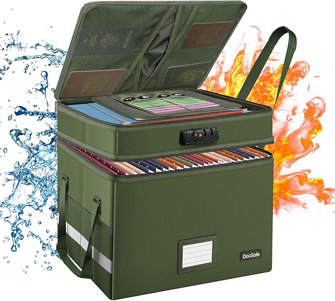 DocSafe File Box with Lock,Multi-Layer Fireproof Document Box Collapsible File Storage Organizer with Pockets/Handle,Portable