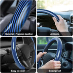 Frani Leather Steering Wheel Cover,Universal Fit 15 Inch-Premium Non-Slip Breathable Comfort Grip for Cars Trucks SUVs,Anti-Slip Durable Interior Upgrade Carbon Fiber Pattern (Blue)