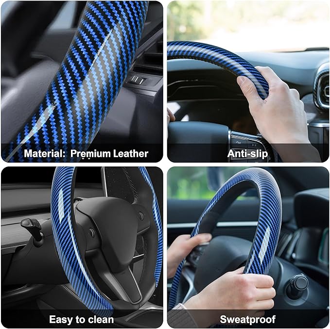 Frani Leather Steering Wheel Cover,Universal Fit 15 Inch-Premium Non-Slip Breathable Comfort Grip for Cars Trucks SUVs,Anti-Slip Durable Interior Upgrade Carbon Fiber Pattern (Blue)