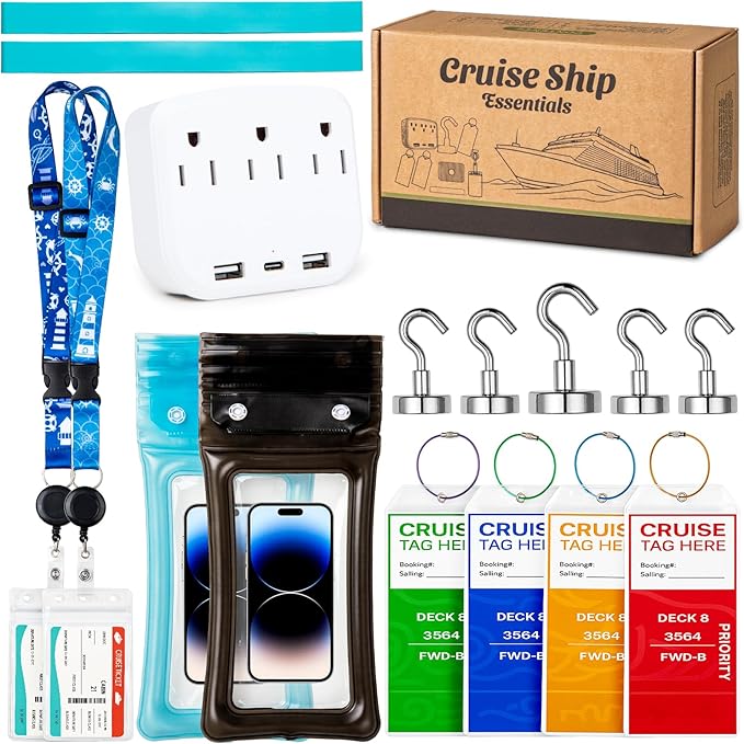 Cruise Essentials 2026 - Cruise Must Haves Kit with Non-Surge Protector Power Strip, Lanyard with ID Holder, Magnetic Hooks, 