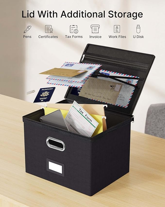 Oterri 1 Pack Large File Organizer Boxes with Lids, File Box with Mesh Pockets, Document Organizer Box for Legal/Letter Size 