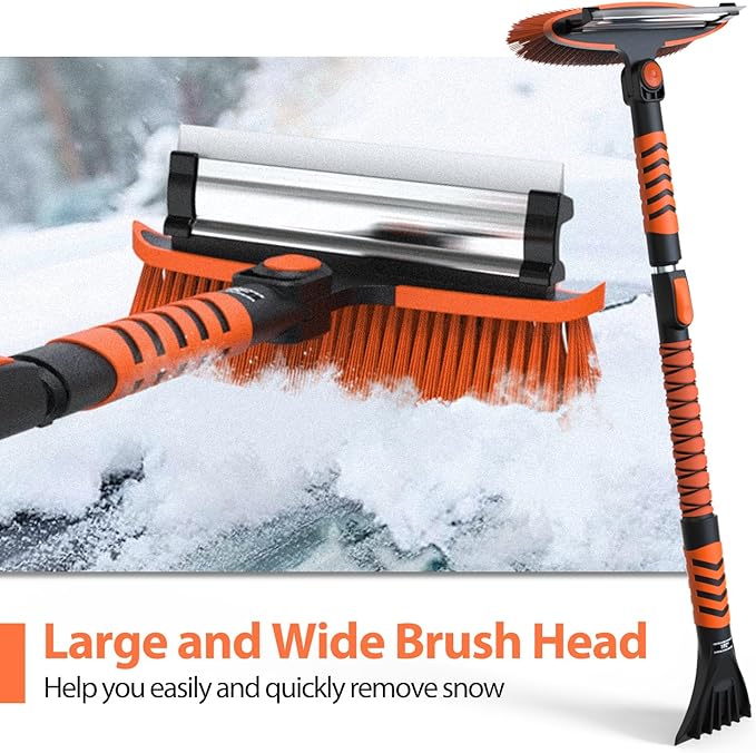 1PZ KD3-KV4 Snow Brush and Ice Scraper 3 in 1 Sturdy Snow Brush with Squeegee Windshield with Foam Grip and 360° Pivoting Brush Head Light Weight Anti-Freeze Extreme Durability for Car Truck SUV