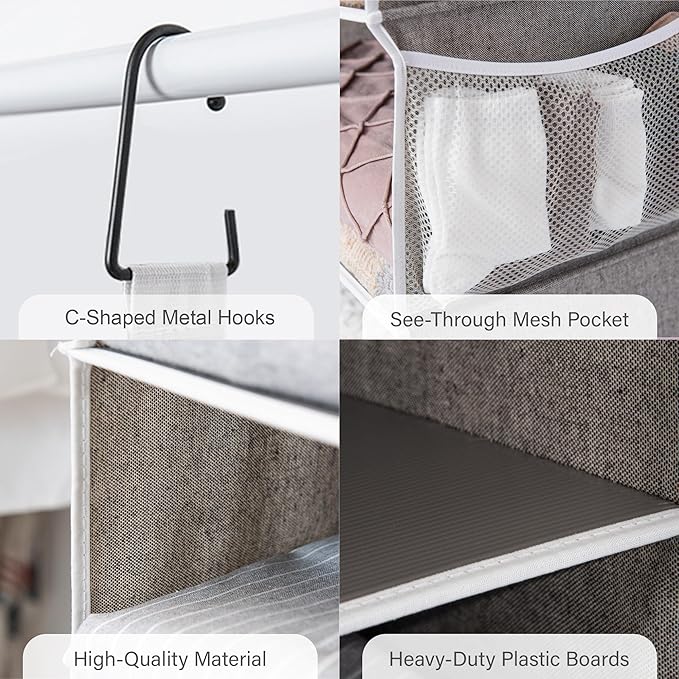 StorageWorks 5-Shelf Hanging Shelves for Closet, Foldable Hanging Closet Organizers with 2 Side Pockets, Portable Clothes Org