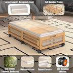 Bamboo Underbed Storage Containers with Wheels & Bag 2 Pack, Large Under Bed Rolling Storage Bins Wood Under Bed Clothes Stor