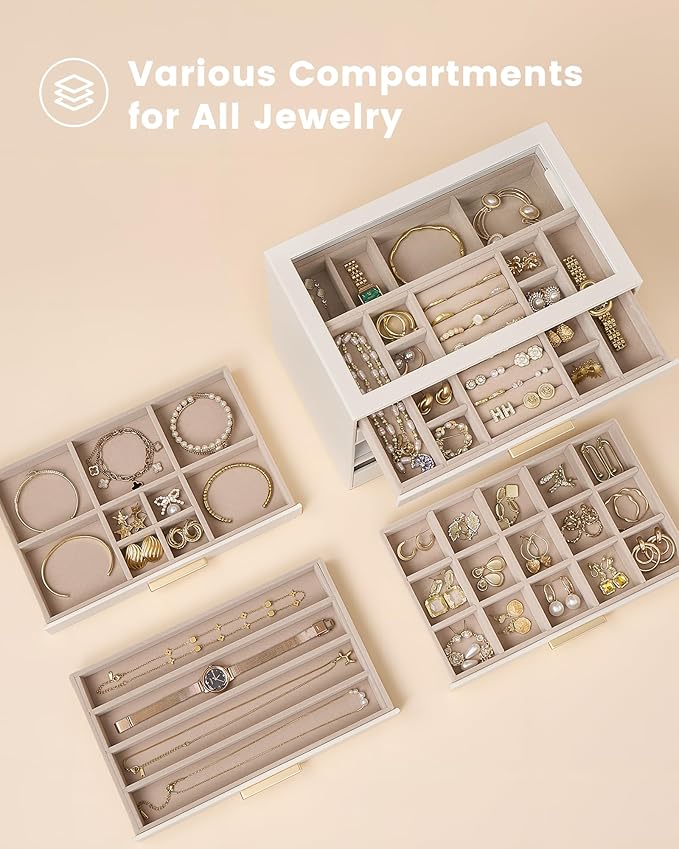 Lolalet Jewelry Box Organizer, 6-Layer Jewelry Organizers and Storage Case with Glass Lid, Ring Earring Bracelet Necklace Hol